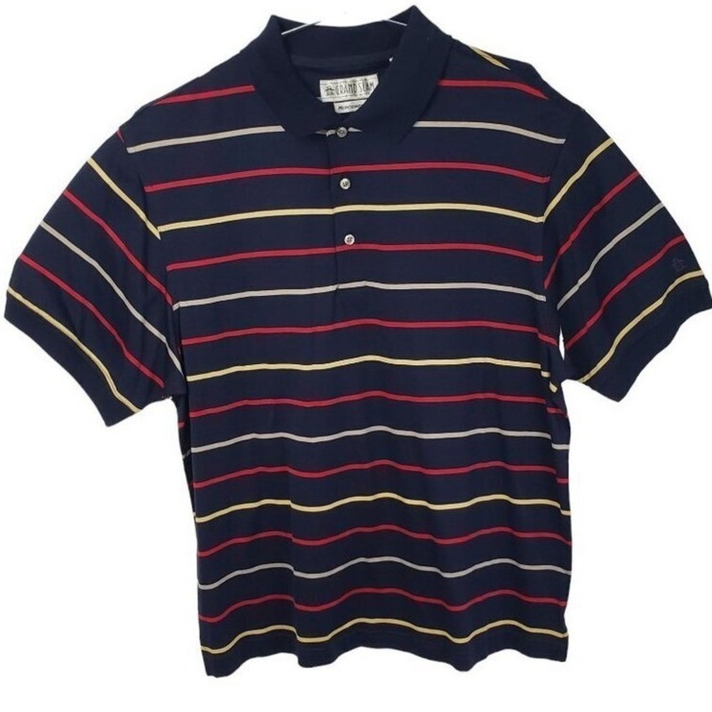 Grand Slam Mens Mercerized Cotton Striped Polo Shirt Navy Blue Red Yellow Large